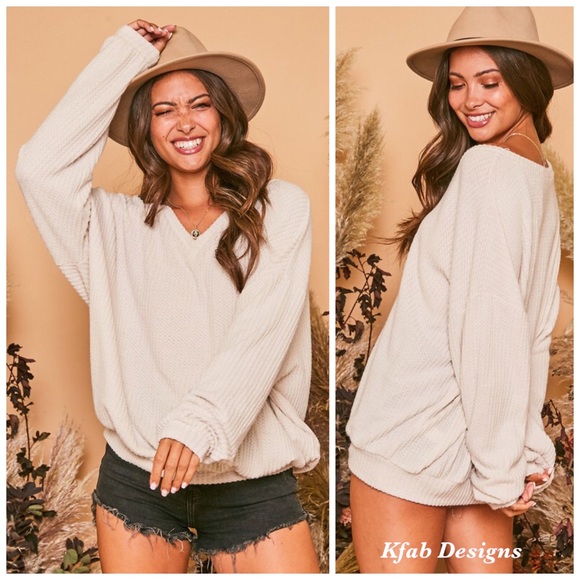 ❤️LAST! Ivory V Neck Brushed Waffle Sweatshirt! - Picture 2 of 7